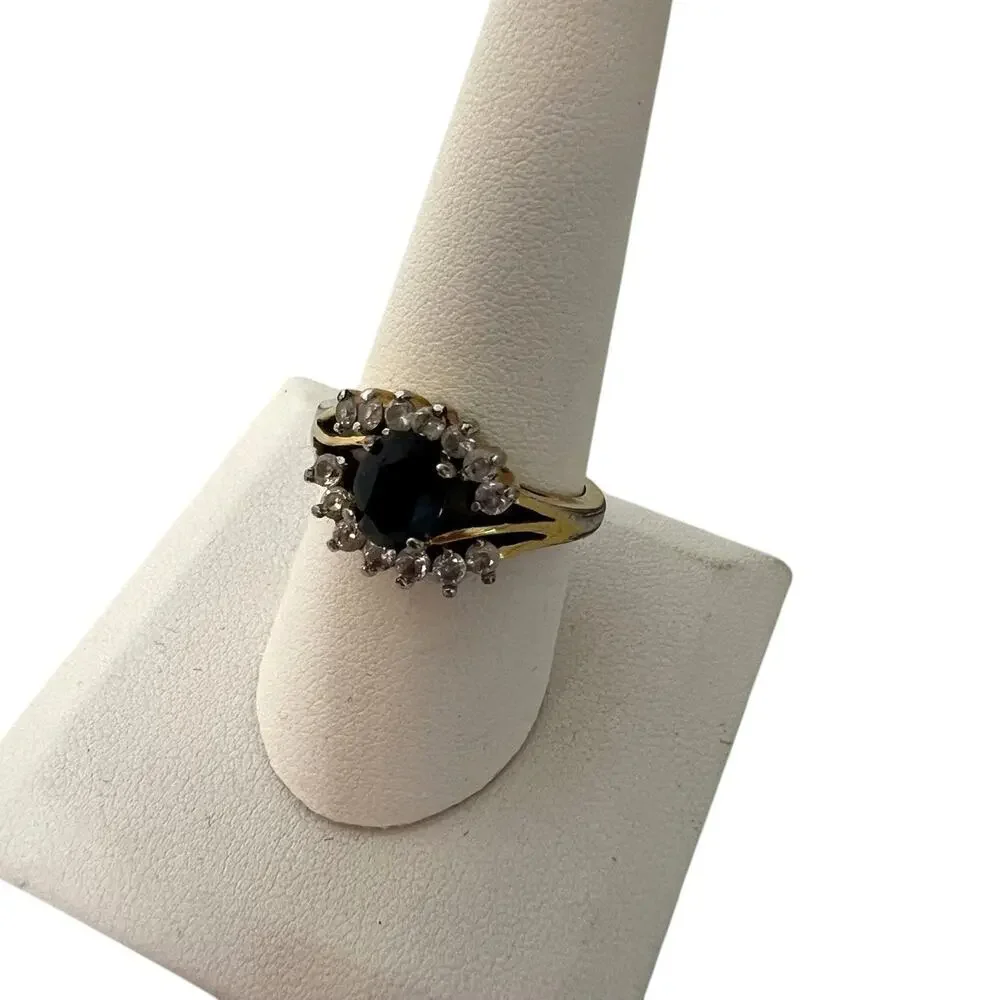Sapphire Blue Rhinestone Halo Ring Size 9 Gold Tone Statement Ring